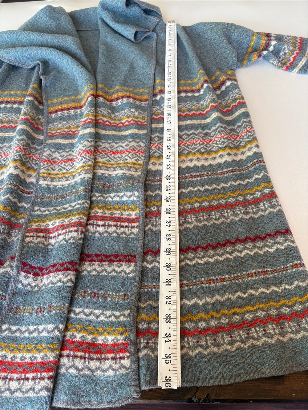 Sundance Fair Isle Open Front Cardigan in Blue Grey Lambswool Blend Size L - Picture 8 of 9